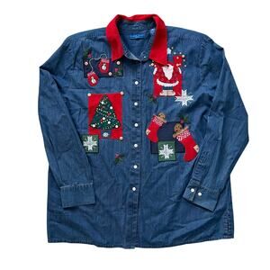 Vintage Karen Scott Sport Christmas Denim Shirt XL Santa Holiday Grandmacore